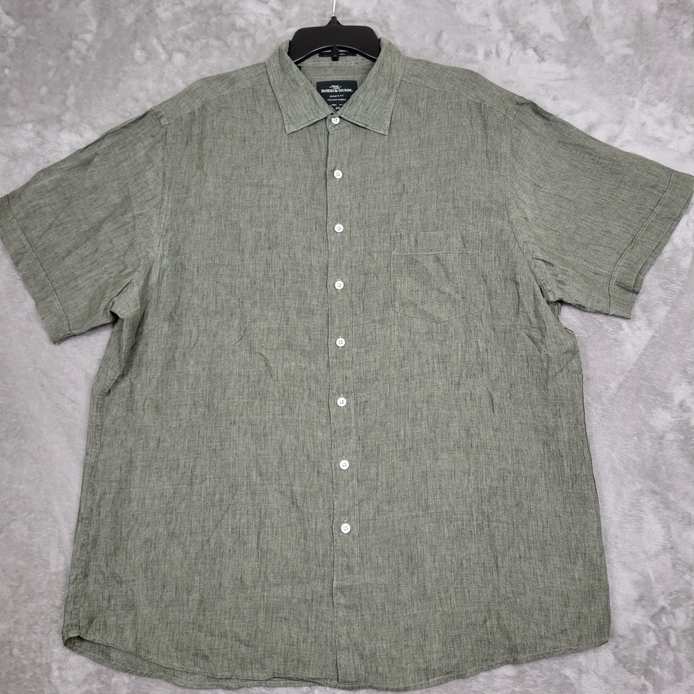 Rodd & Gunn Men's 2XL Olive Green 100% Linen Shirt Sport Fit Italian Fabric
